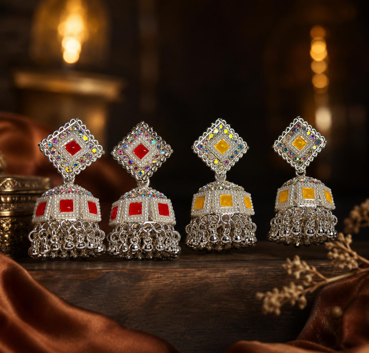 Silver Plated Traditional Red Stone Jhumka Earrings for Women & Girls | Square Stud Pearl & Stone Design | Party Wear Ethnic Earrings | Pack of 1 - Image 2