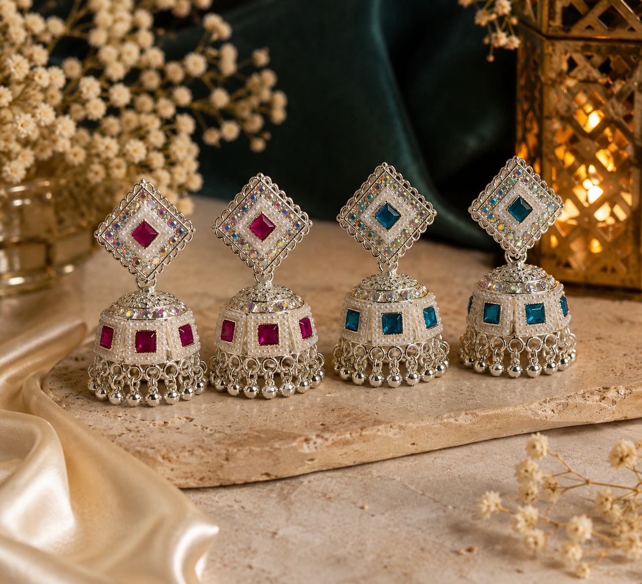 Silver Plated Traditional Red Stone Jhumka Earrings for Women & Girls | Square Stud Pearl & Stone Design | Party Wear Ethnic Earrings | Pack of 1 - Image 3