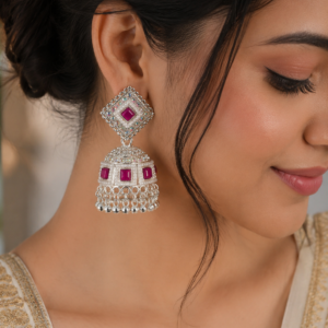 Silver Plated Traditional Red Stone Jhumka Earrings for Women & Girls | Square Stud Pearl & Stone Design | Party Wear Ethnic Earrings | Pack of 1