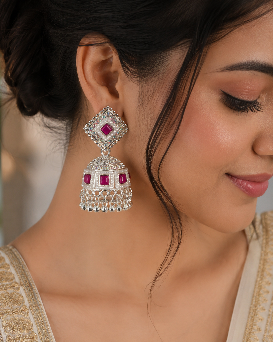Silver Plated Traditional Red Stone Jhumka Earrings for Women & Girls | Square Stud Pearl & Stone Design | Party Wear Ethnic Earrings | Pack of 1